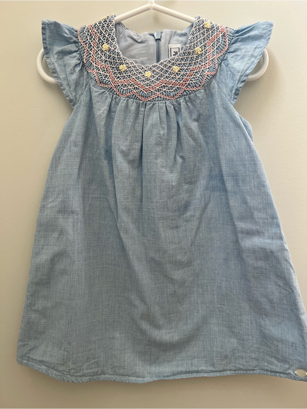 Tartine et Chocolat Light Blue Smocked Chambray Dress with Pastel Embroidery